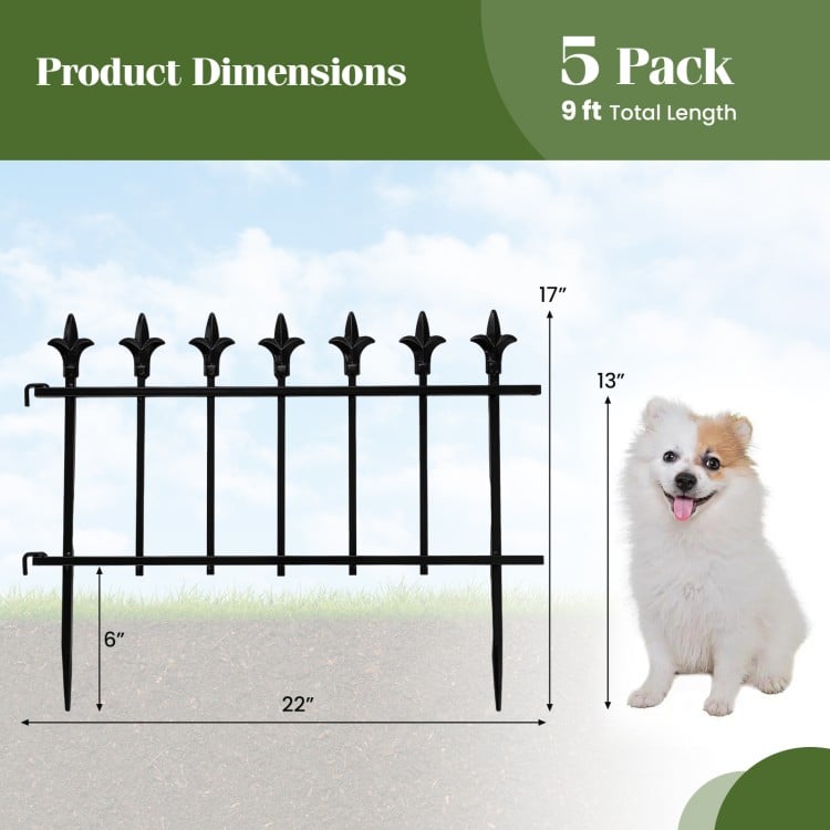 Decorative metal garden fence with fleur-de-lis finials, 5-pack, 9 ft total length, ideal for protecting plants and pets.