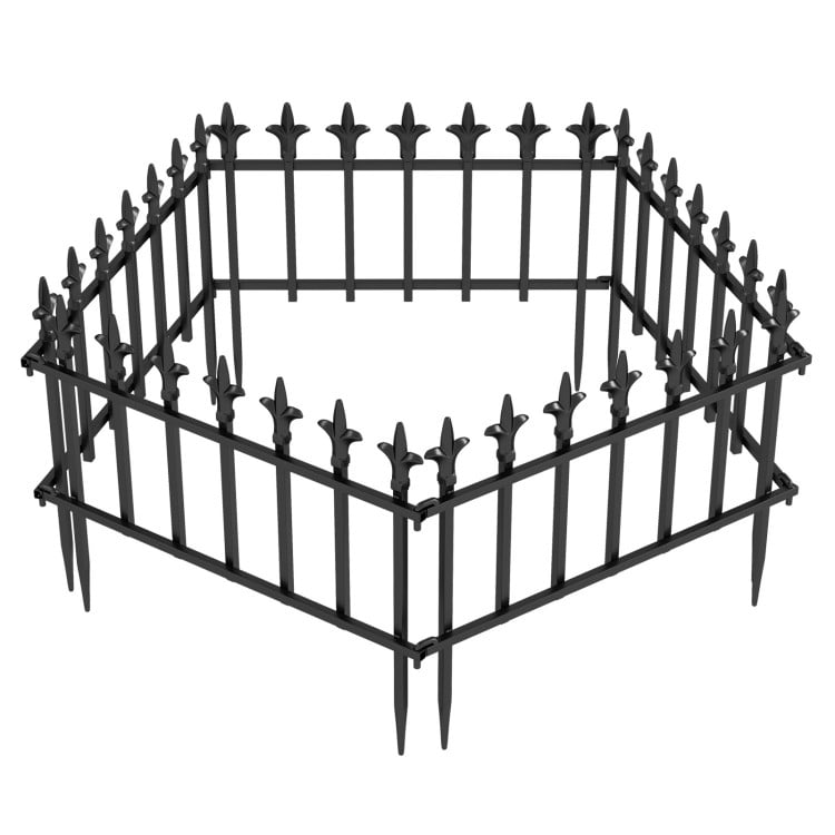 Decorative metal garden fence with fleur-de-lis finials, ideal for protecting plants in various configurations.