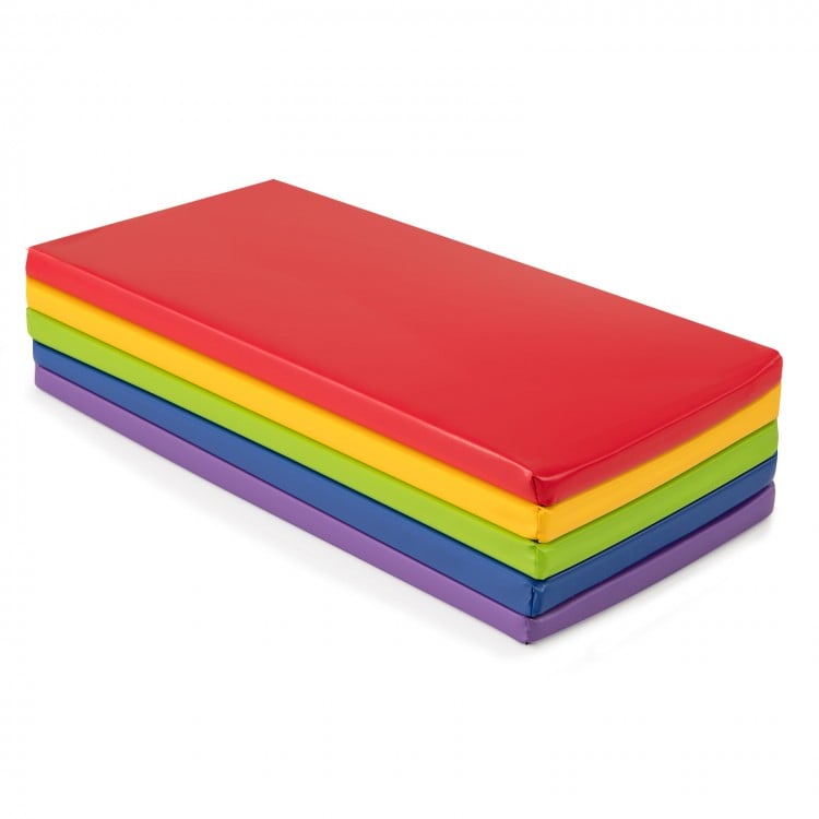 Stackable 5-pack toddler nap mats in red, yellow, green, blue, and purple, made of easy-to-clean PU leather for safety.