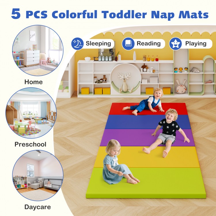 Colorful 5 pack toddler nap mats in red, yellow, blue, green, and purple, ideal for preschool and daycare use.