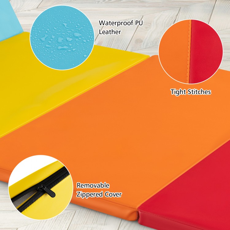 Close-up of the 5-panel folding gymnastics mat showcasing waterproof PU leather, tight stitches, and removable zippered.