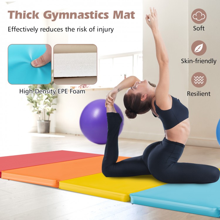 5-panel folding gymnastics mat in vibrant colors with soft EPE foam, ideal for kids' yoga and stretching activities.