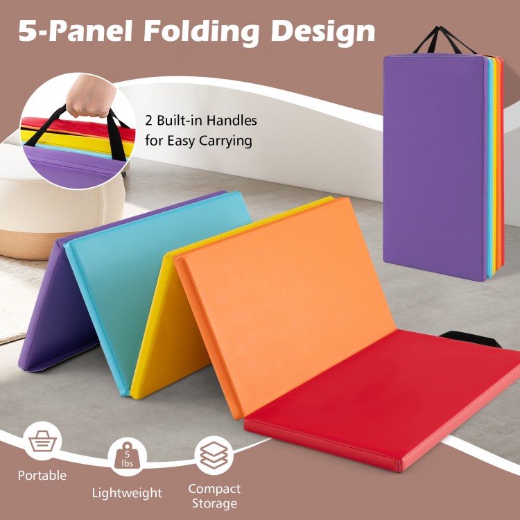 5-panel folding gymnastics mat in red with reinforced handles, ideal for kids' yoga and stretching, offers comfy.