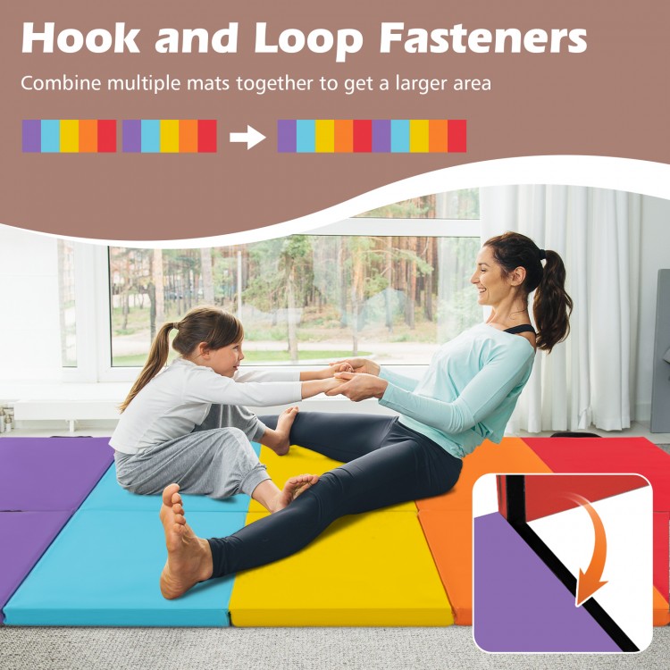 5-panel folding gymnastics mat for kids in vibrant colors, featuring hook and loop fasteners for easy combination.