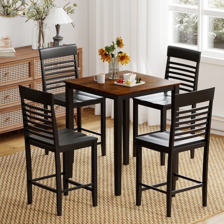 Counter-height dining table set with rubber wood frame and four ergonomic chairs, ideal for small spaces and dining.