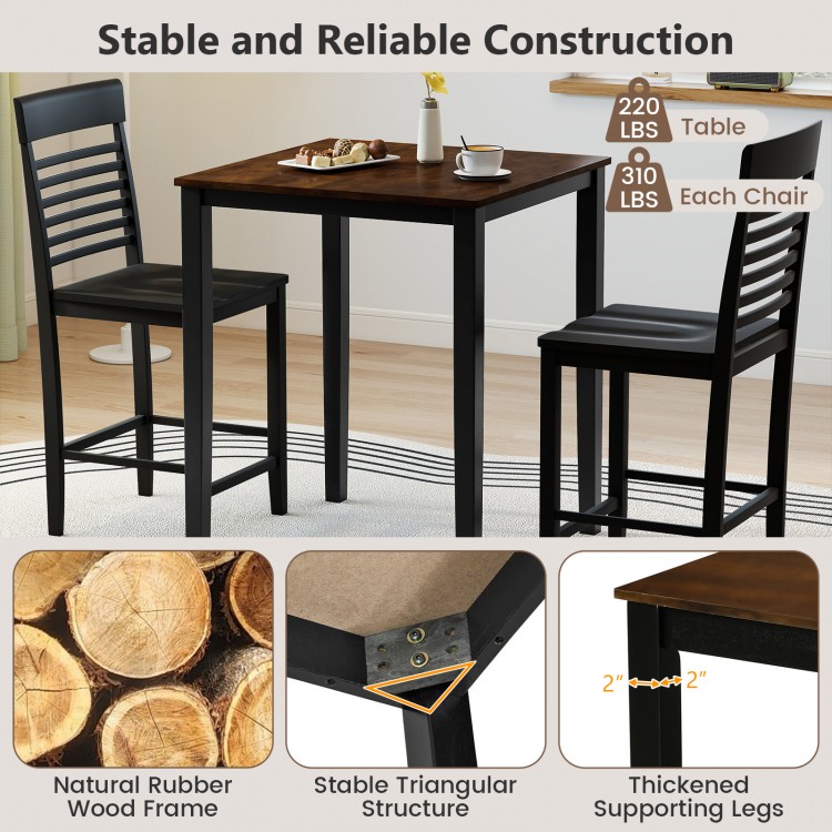 Counter-height dining table set with rubber wood frame, featuring 4 ergonomic chairs and sturdy triangular structure.