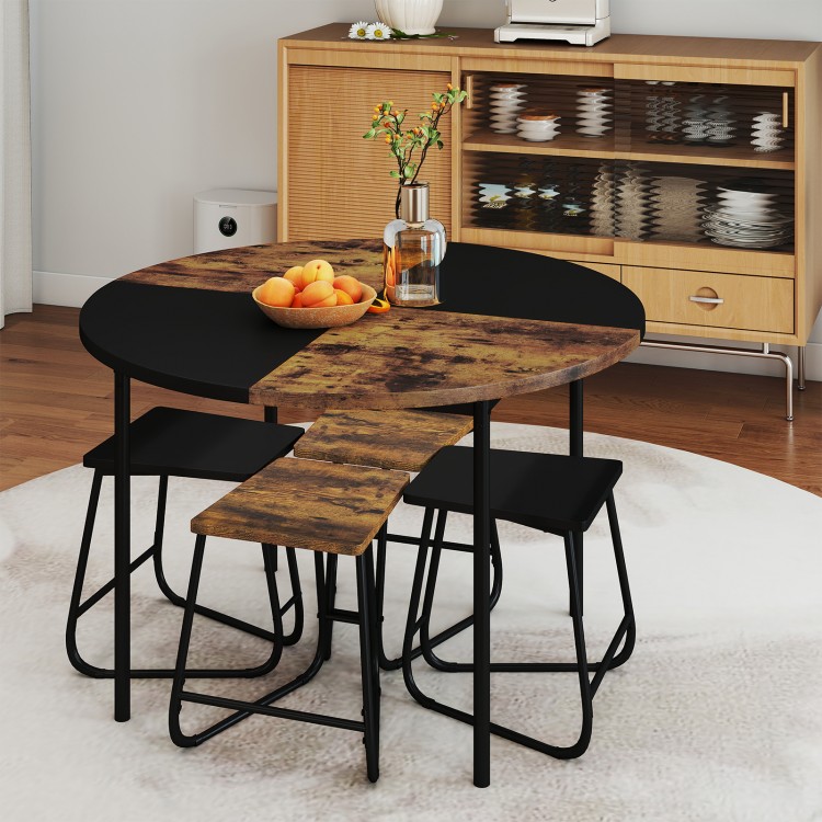 Round 47-inch kitchen table with unique segmented top and four stools in brown and black, perfect for small spaces.