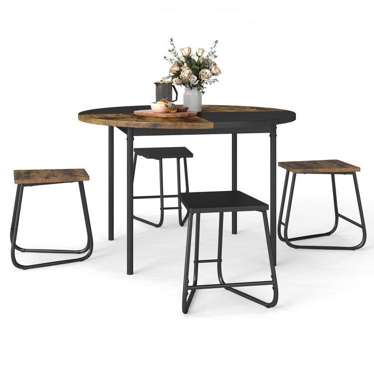 Round 47-inch dining table with 4 stools in brown and black, ideal for small spaces and stylish coordination.