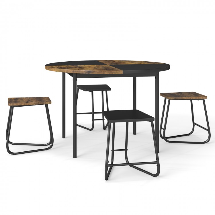5-piece dining set featuring a 47-inch round table with unique brown and black stools, perfect for small spaces.