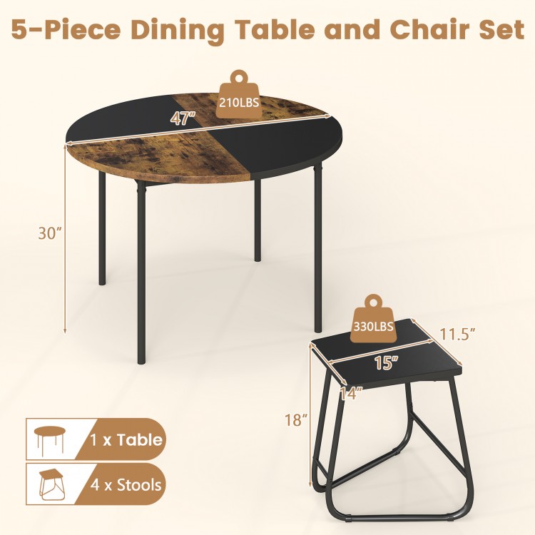 5-piece dining set featuring a 47-inch round table with 4 contrasting stools, ideal for small spaces and easy to clean.