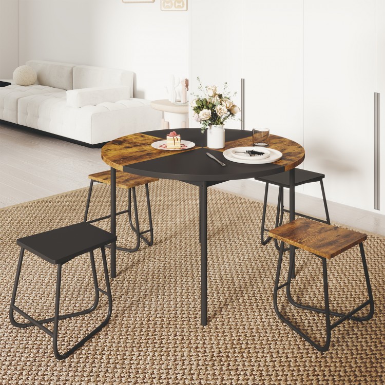 Round 47-inch dining table with 4 contrasting stools in brown and black, perfect for small spaces and compact dining.