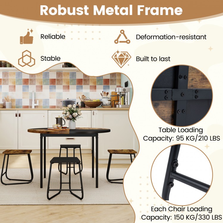 5-piece dining set featuring a 47-inch round table and 4 stools with sturdy metal frames, ideal for small spaces.