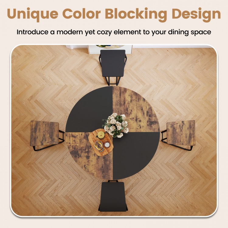 Round kitchen table with unique color blocking design and four stools, perfect for small dining spaces.