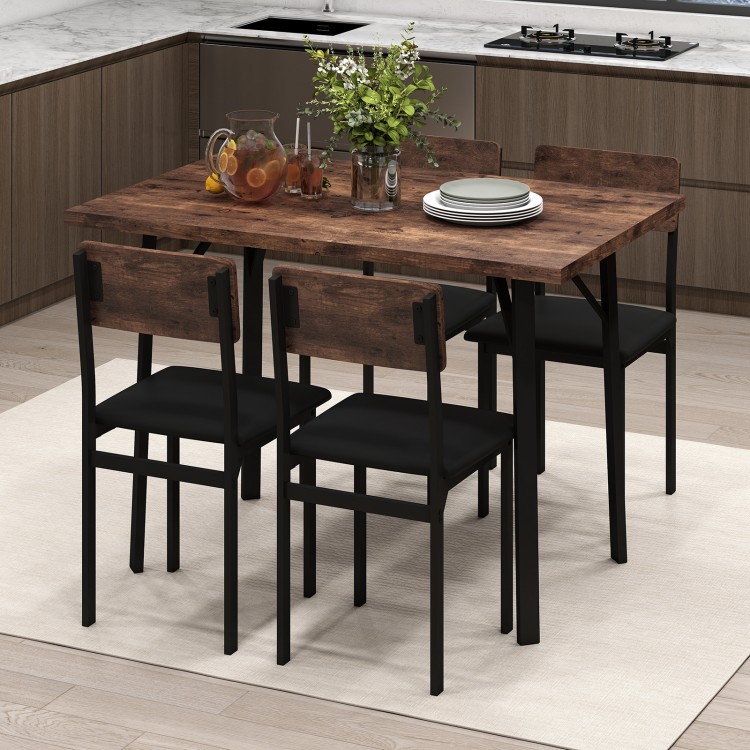 Close-up of the brown veneered MDF tabletop of the 5-piece dining table set, showcasing its vintage charm and easy.