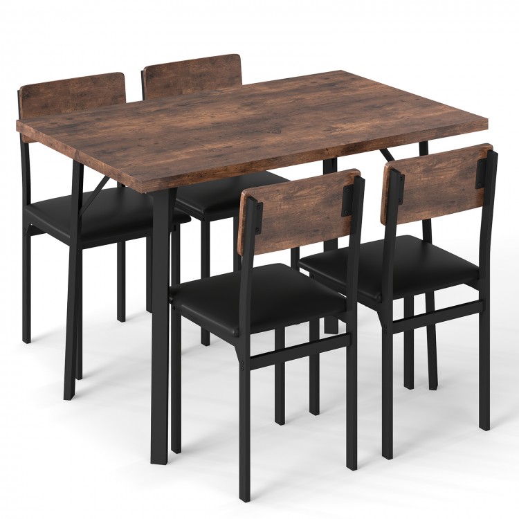 5-piece industrial dining table set featuring a brown veneered MDF tabletop and 4 PU leather chairs for small spaces.