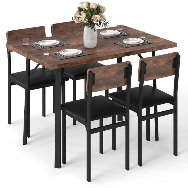 5-piece industrial dining table set with brown veneered MDF tabletop and 4 PU leather chairs, perfect for small spaces.