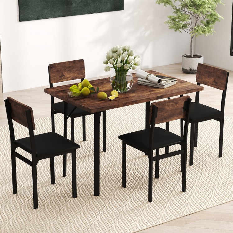 5-piece industrial dining table set with brown PU leather chairs, perfect for small spaces and family gatherings.