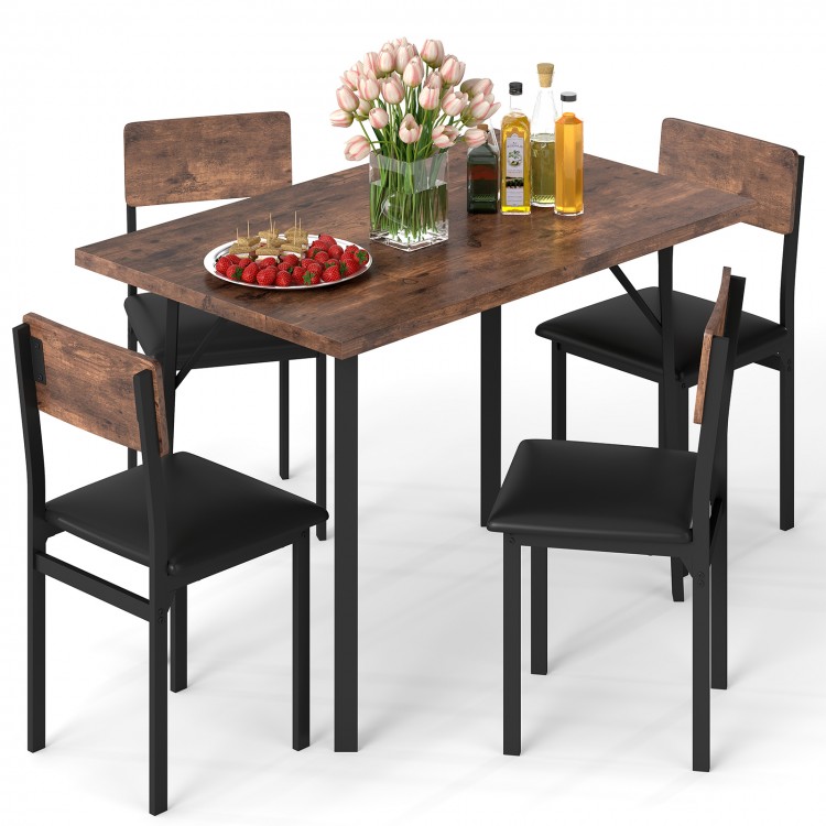5-piece dining table set with four PU leather chairs arranged around a brown veneered MDF tabletop, ideal for cozy.
