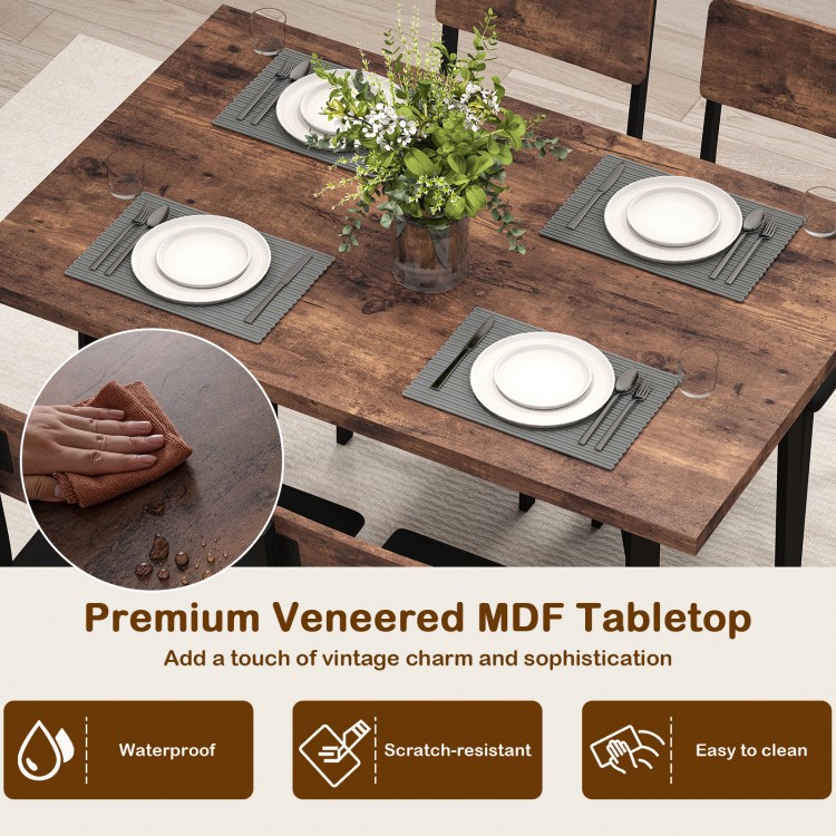 5-piece dining table set featuring a waterproof veneered MDF tabletop and 4 PU leather chairs, perfect for small spaces.