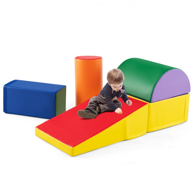 Multicolor 5-piece kids climb and crawl playset with soft foam blocks, promoting motor skills and balance for toddlers.