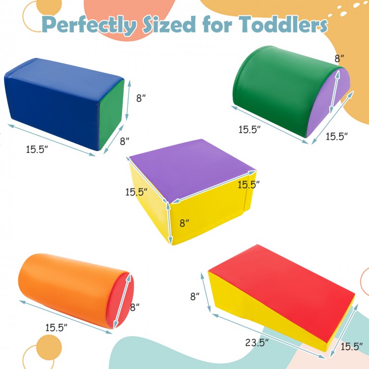 Colorful 5-piece kids climb and crawl playset with soft EPE foam, ideal for motor skills development in toddlers.