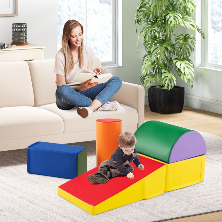 Multicolor 5-piece kids climb and crawl playset with soft foam blocks, promoting motor skills and balance for indoor.