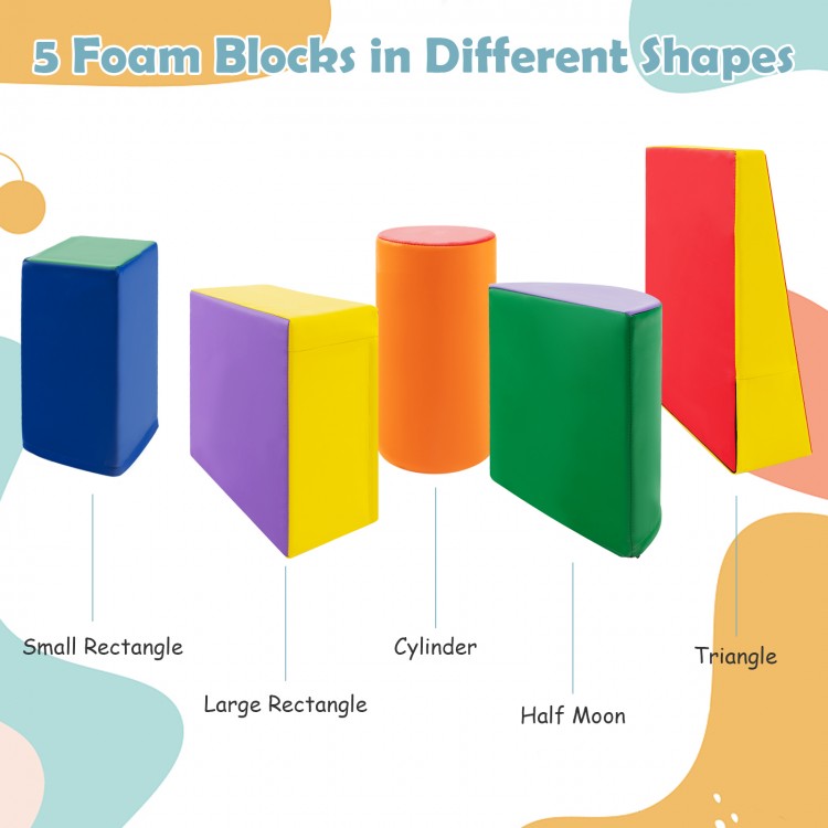 Five colorful foam blocks in various shapes, made of durable EPE foam, perfect for kids' climbing and crawling.