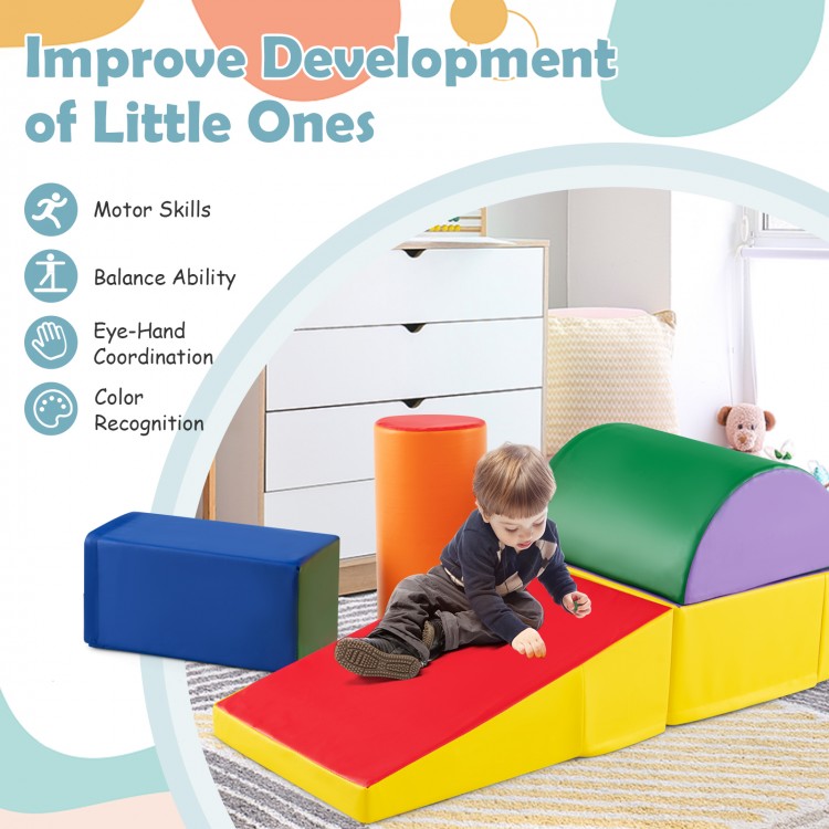 Multicolor 5-piece kids climb and crawl playset with soft EPE foam, promoting motor skills and balance for toddlers.