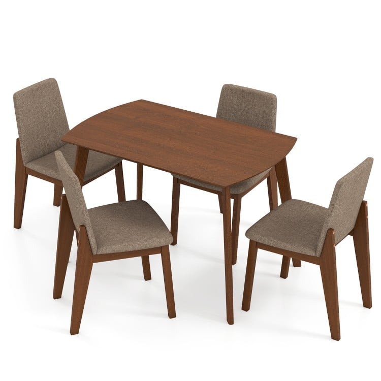 Light brown upholstered chair with padded backrest and seat, designed for comfort and stability in dining settings.