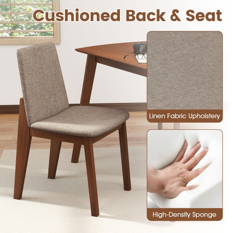 Light brown upholstered chair with padded back and seat, featuring linen fabric and a sturdy rubber wood frame for dining comfort.