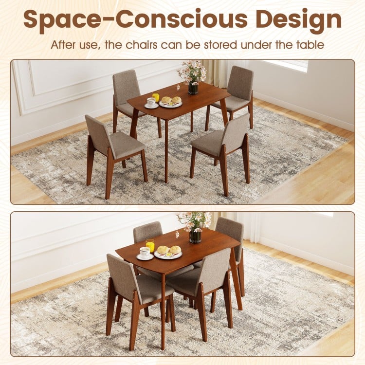 5-piece kitchen table set with light brown rubber wood frame and upholstered chairs, perfect for dining in small spaces.