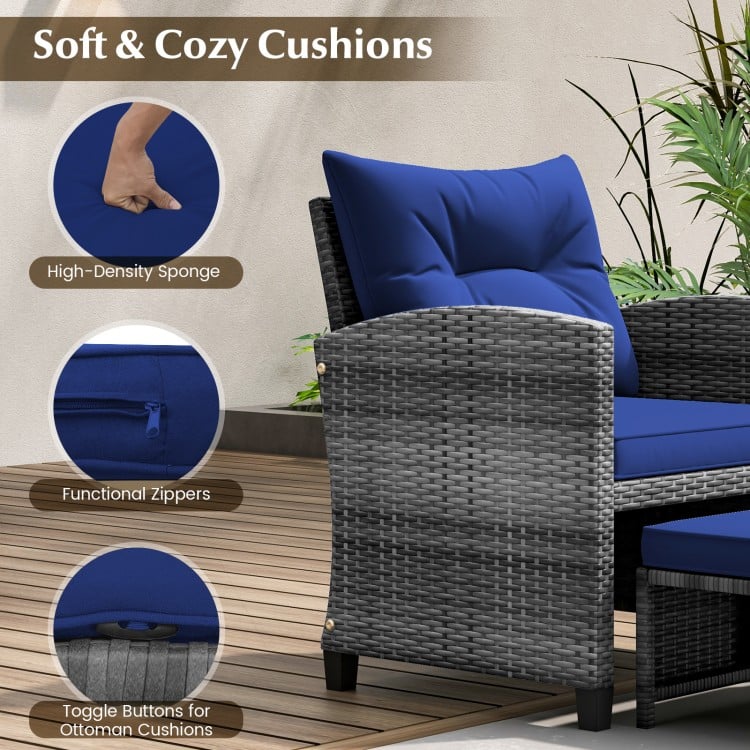 Close-up of navy cushions with zippers on a 5-piece patio rattan furniture set, ideal for outdoor relaxation.