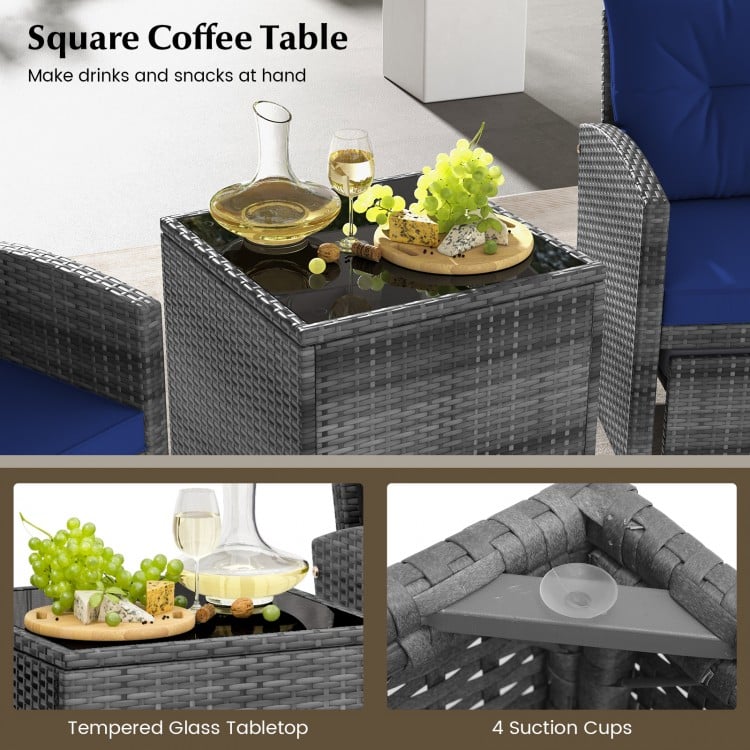Square coffee table with tempered glass top, featuring snacks and drinks, perfect for patio or backyard use.