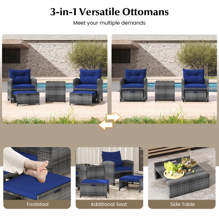 Versatile 3-in-1 ottomans in navy, serving as footstools, additional seats, or side tables for outdoor relaxation.