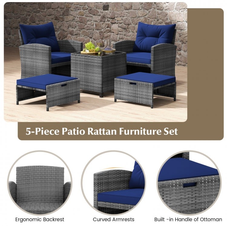 5-piece patio rattan furniture set with navy cushions, including 2 ottomans and a tempered glass coffee table for.