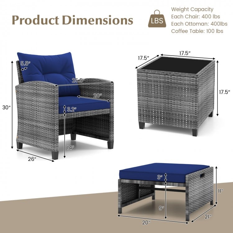 Dimensions of the 5 Piece Patio Rattan Furniture set with navy cushions, including chairs, ottomans, and coffee table.