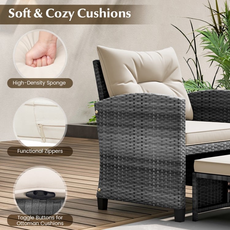 Close-up of a gray rattan chair with soft cushions, featuring zippers for easy cleaning, perfect for outdoor relaxation.