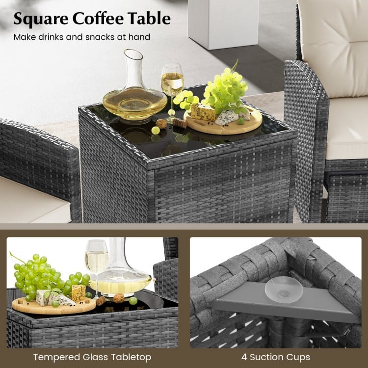 Square coffee table with tempered glass top and rattan texture, perfect for drinks and snacks in outdoor settings.