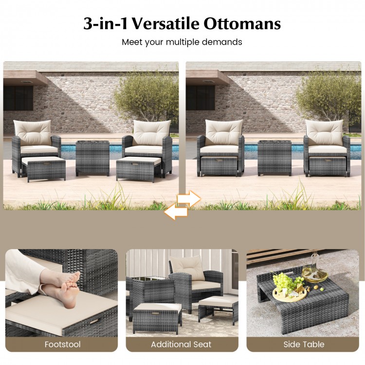 3-in-1 versatile ottomans in premium gray rattan, serving as footstools, additional seats, or side tables for outdoor.