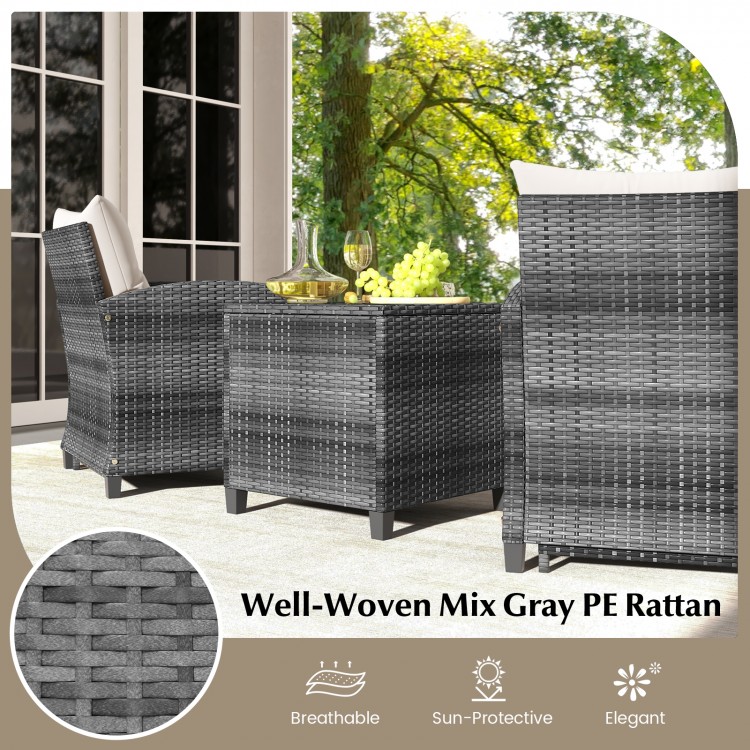 Well-woven mix gray PE rattan patio furniture set with ottomans and tempered glass coffee table, perfect for outdoor.