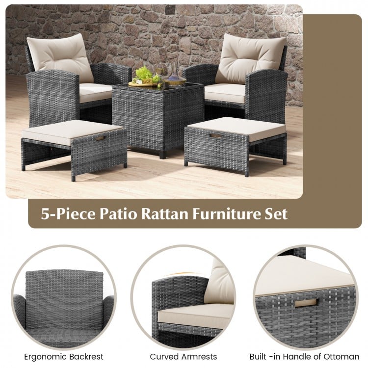 5-piece patio rattan furniture set featuring gray rattan, soft cushions, and a tempered glass coffee table for outdoor.
