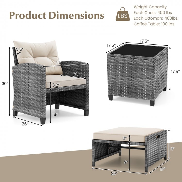 Dimensions of the 5 Piece Patio Rattan Furniture set with gray rattan, ottomans, and tempered glass coffee table.