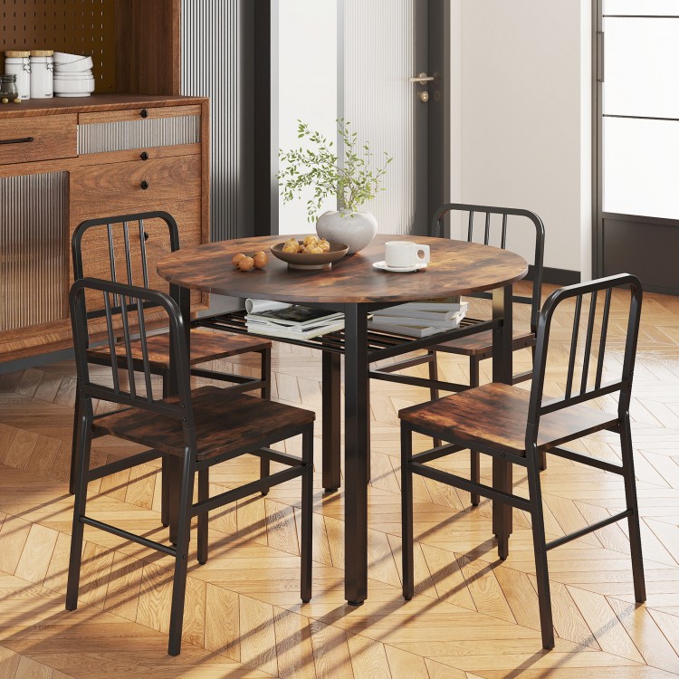 5-piece round dining table set with rustic brown finish, featuring a 40" table and four chairs with a storage shelf.