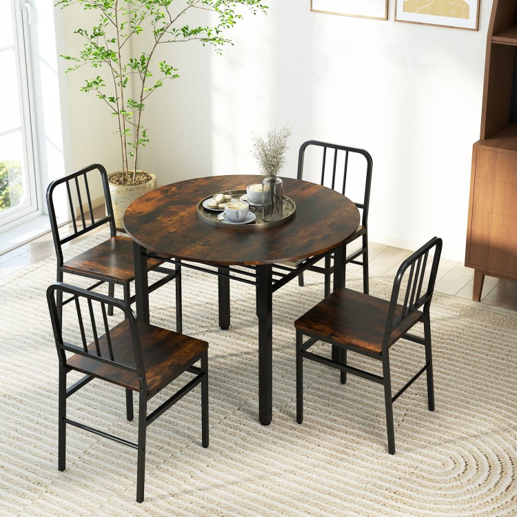 5-piece round dining table set in rustic brown with four chairs and lower storage shelf for dining room use.