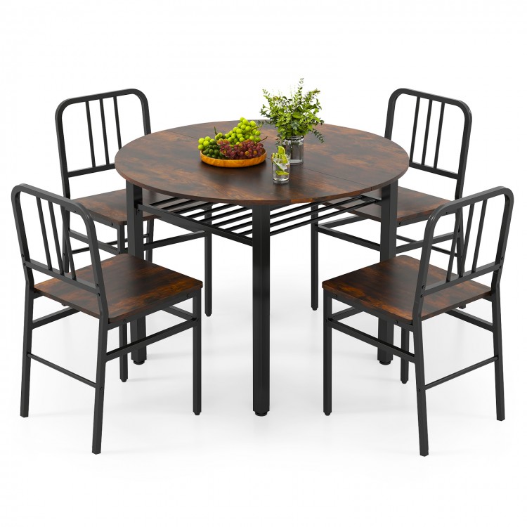 5-piece round dining table set with rustic brown finish, includes 40" table and four chairs with storage shelf.