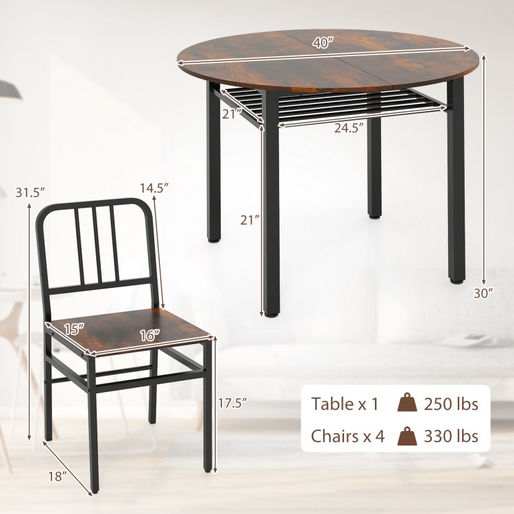 Round dining table set with storage shelf, rustic brown finish, includes 40" table and four chairs for dining room use.
