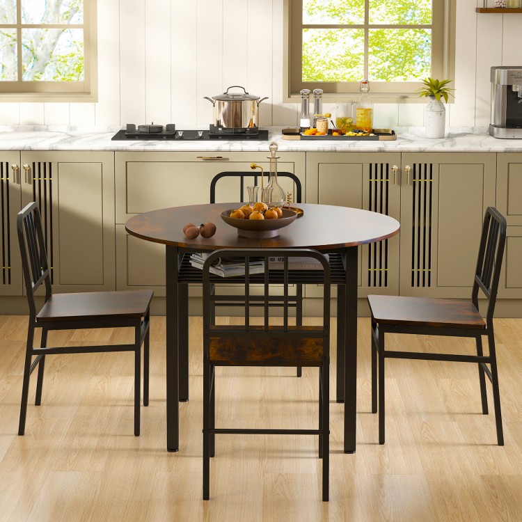 5-piece round dining table set in rustic brown with storage shelf, featuring a 40" table and four chairs in a kitchen.