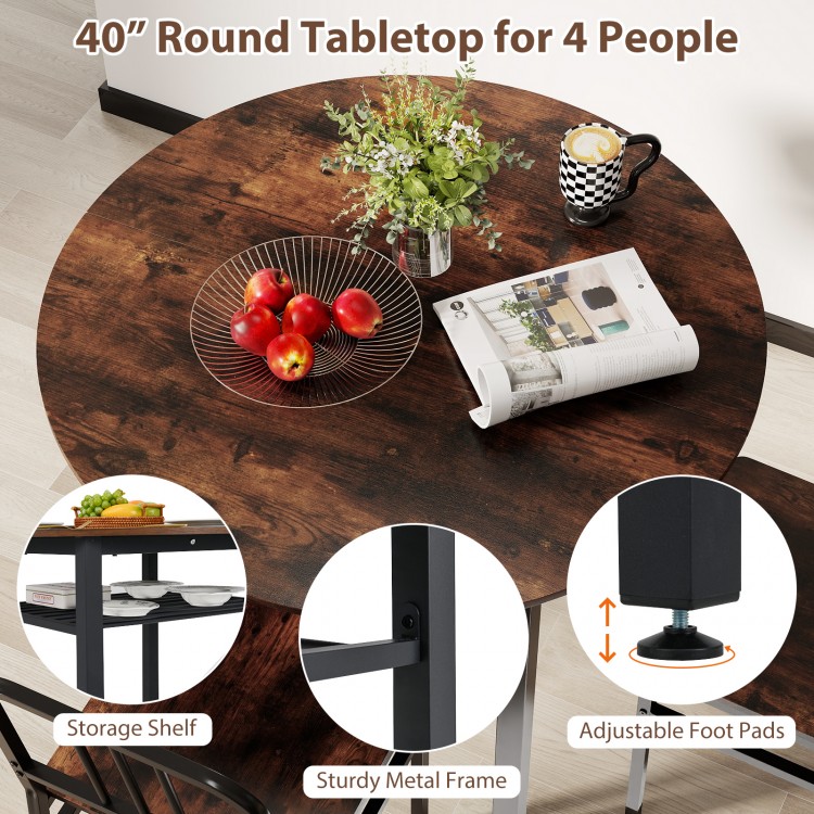 40" round dining table set in rustic brown with storage shelf, designed for 4 people, featuring a sturdy metal frame.