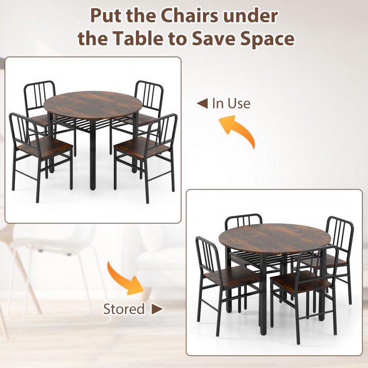 5-piece round dining table set in rustic brown with chairs stored underneath for space-saving convenience.