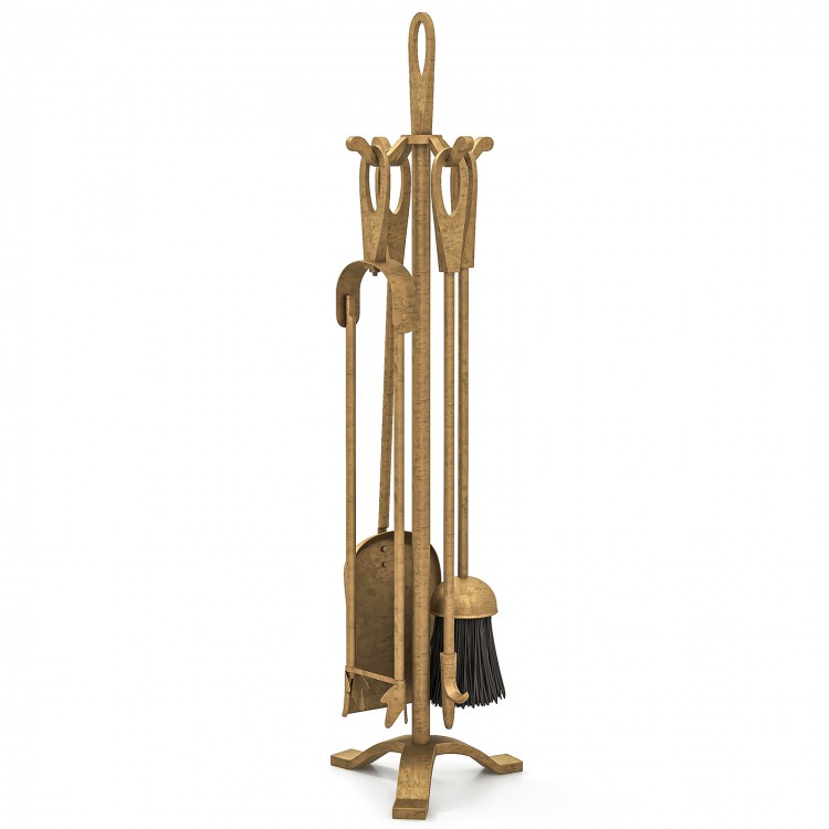 Five-piece copper fireplace tool set featuring tongs, poker, shovel, and brush for efficient fire maintenance.